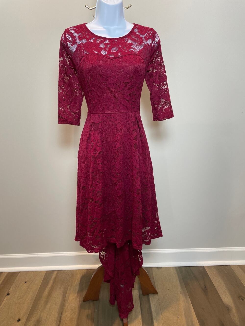 Anette NWT Small Red Wine Lace Dress High Low Hem Sheer Sleeves Lined